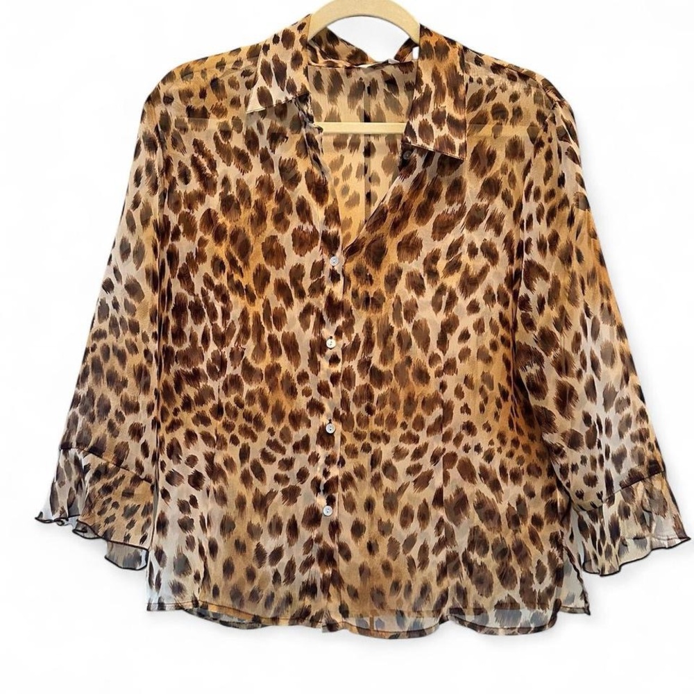 NICOLA Leopard Print Sheer Blouse size Medium Semi-Sheer Button-Down Top